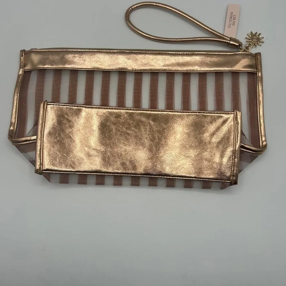 NWT Victoria's Secret Stripe Clear Cosmetic Bag Rose Gold Metallic Makeup Pouch